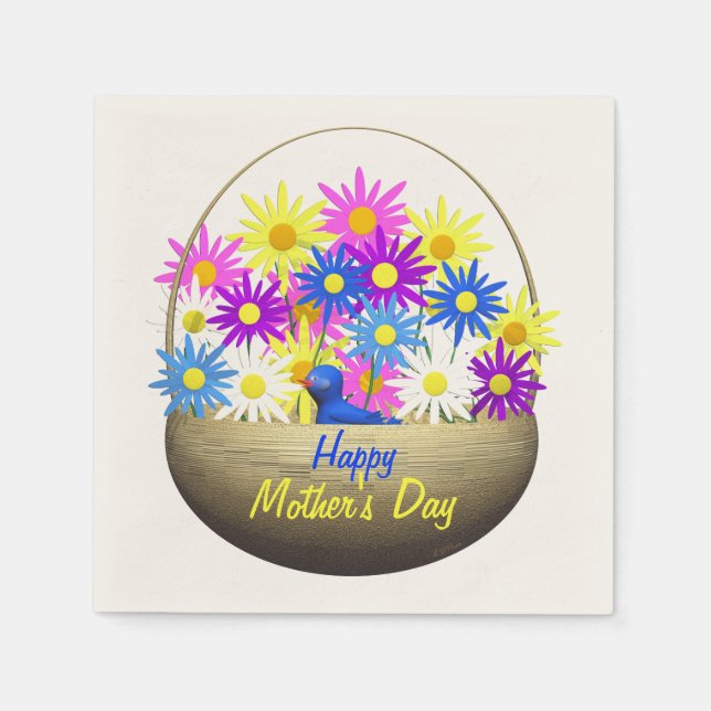 Guardanapo De Papel Happy Mothers Day Basket of Daisies and Blue Bird (Frente)