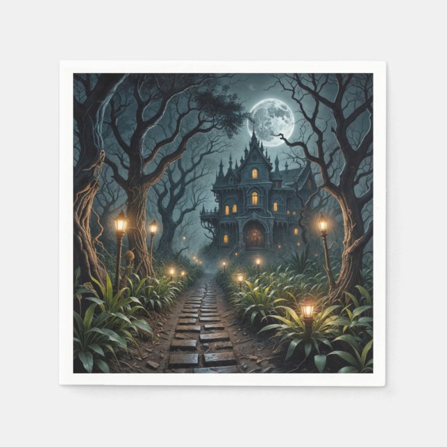 Guardanapo De Papel Haunted Halloween Mansion In Moonlight (Frente)