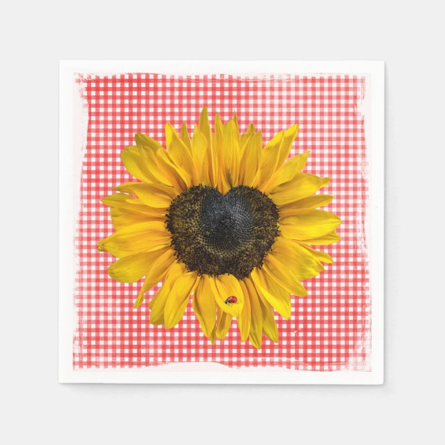 Guardanapo De Papel Heart Sunflower e Ladybug em Gingham (Frente)