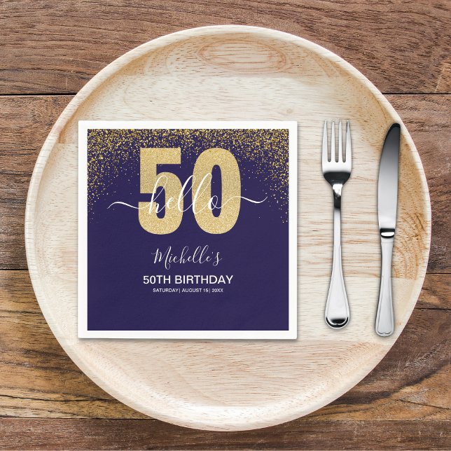 Guardanapo De Papel Hello 50! - Modern 50th Birthday with Gold glitter (Criador carregado)