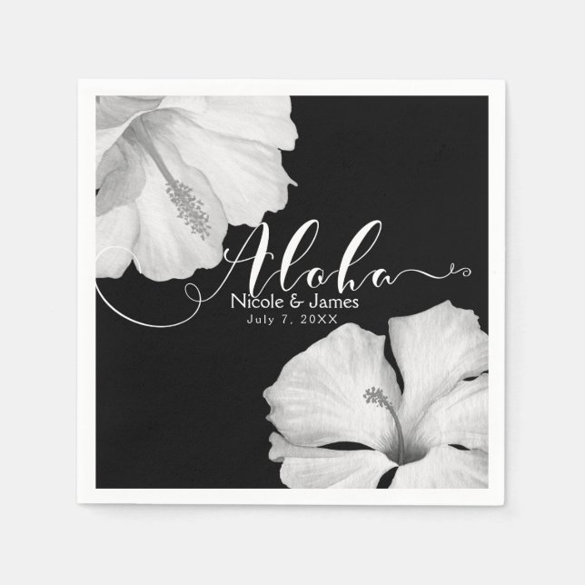Guardanapo De Papel Hibisco Branco Preto Tropical Casamento Aloha (Frente)