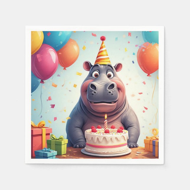 Guardanapo De Papel Hippo Adorável Celebrando Aniversário com Bolo (Frente)