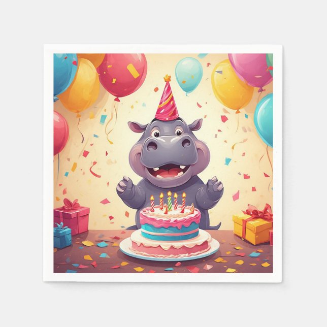 Guardanapo De Papel Hippo Adorável Celebrando Aniversário com Bolo (Frente)