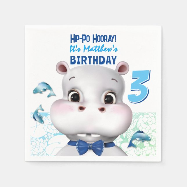 Guardanapo De Papel Hippo Blue Fish Boy Birday (Frente)