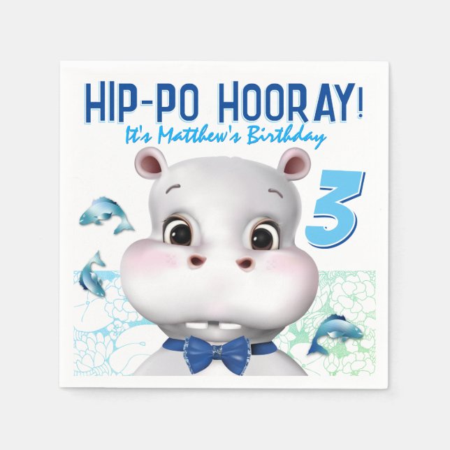 Guardanapo De Papel Hippo Blue Fish Boy Birthday (Frente)