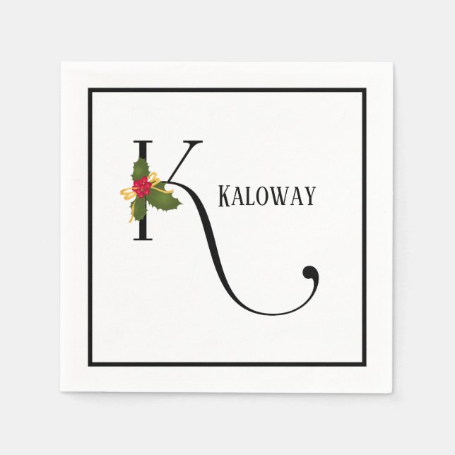 Guardanapo De Papel Holiday Holly Monograma - Letra K Papel Personaliz (Frente)