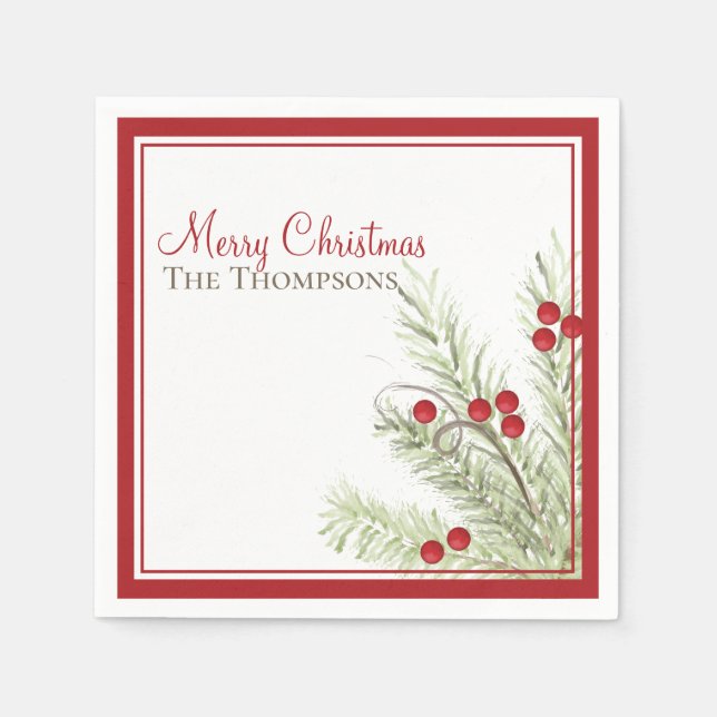 Guardanapo De Papel Holly Berries Pine Christmas Watercolor Personaliz (Frente)