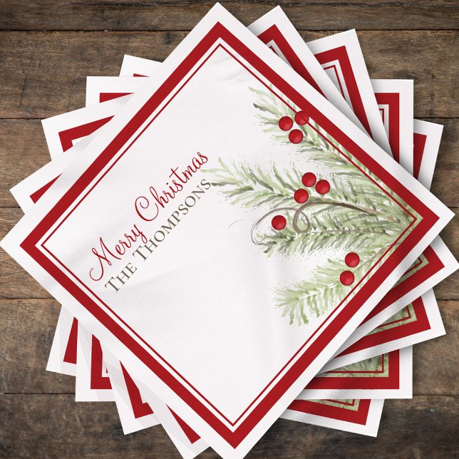 Guardanapo De Papel Holly Berries Pine Christmas Watercolor Personaliz (Personalized Merry Christmas design with watercolor holly berries.)
