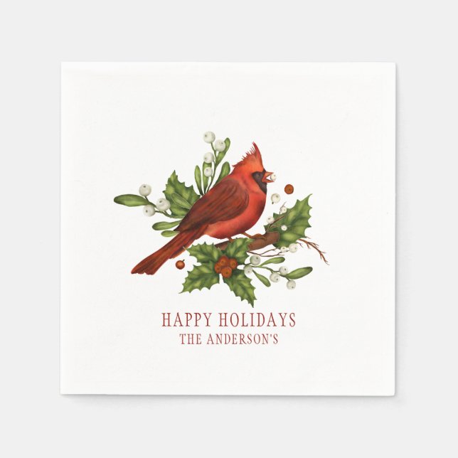 Guardanapo De Papel Holly Berry Cardinal Holiday Monograma Mistletoe (Frente)