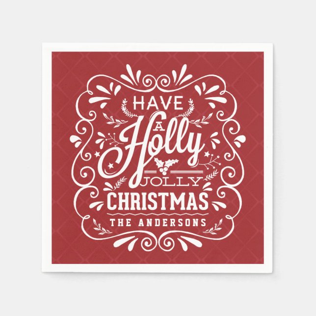 Guardanapo De Papel Holly Jolly Christmas Chalk Art Red Paper Napkins (Frente)