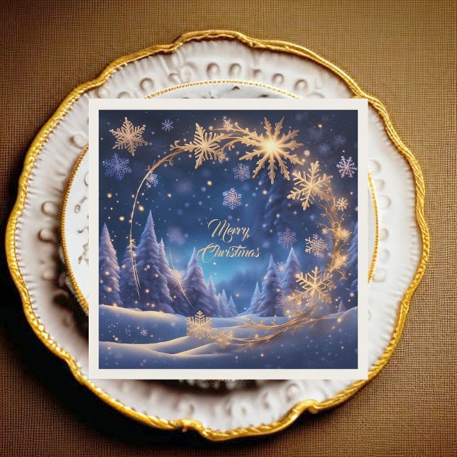 Guardanapo De Papel Hora mágica de Natal - Flocos de neve ouro em azul (Criador carregado)