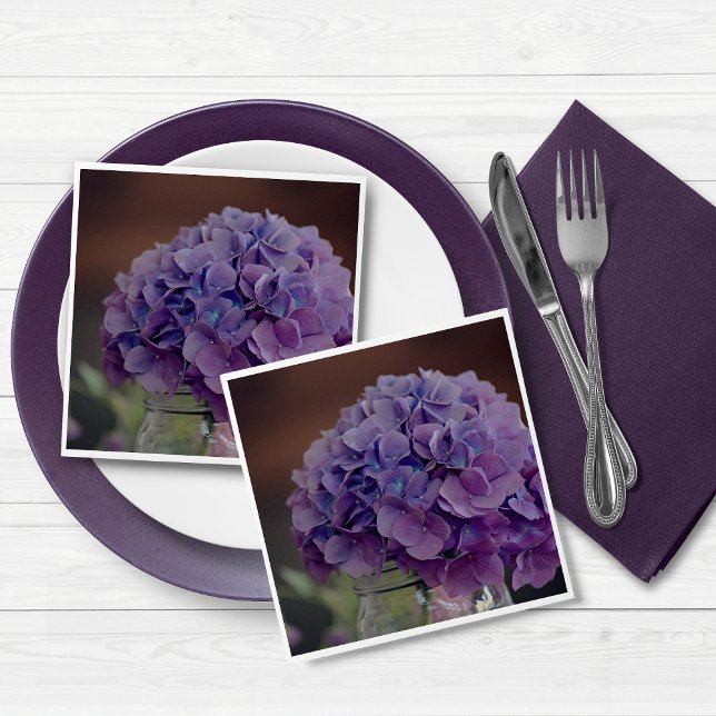 Guardanapo De Papel Hortênsia Roxa Rústica em Jarra de Mason Fotografi (Rustic Purple Hydrangea in Mason Jar Photograph Table Napkins)