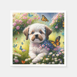 Guardanapo De Papel Hund in Blumenwiese mit Schmetterlingen