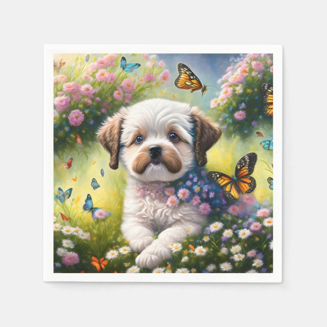 Guardanapo De Papel Hund in Blumenwiese mit Schmetterlingen (Frente)