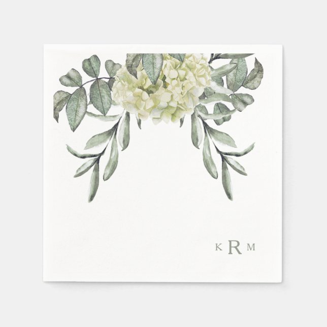 Guardanapo De Papel Hydrangea Foliage Sage Monograma Cocktail Napkins (Frente)