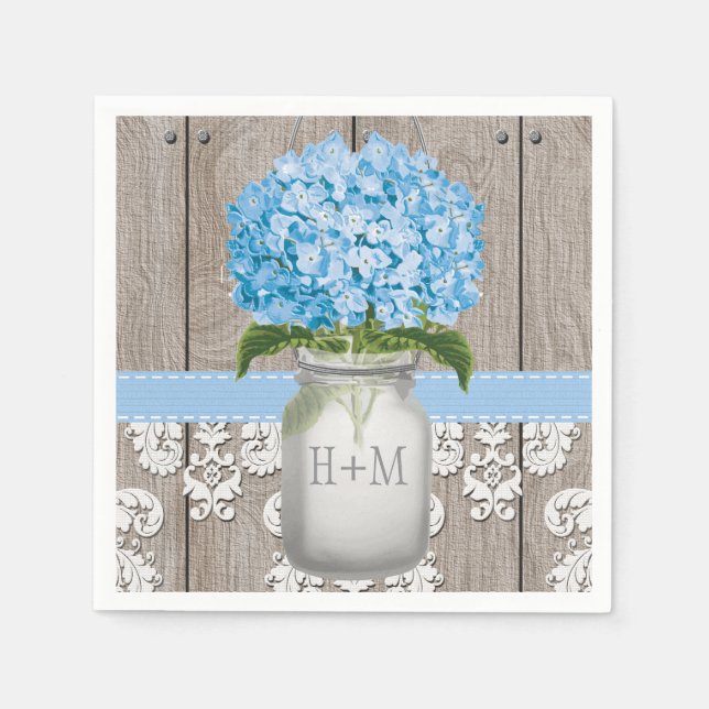 Guardanapo De Papel Hydrangea Mason Jar, Monograma Azul (Frente)
