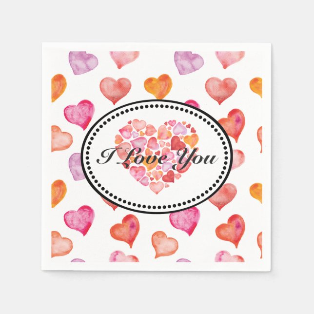 Guardanapo De Papel I love you watercolor hearts (Frente)