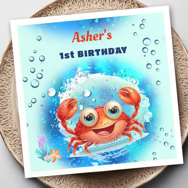 Guardanapo De Papel Idade Personalizada do Partido da Piscina do Caran (Crab Turquoise 1st Birthday Pool Party Custom Age Napkins)
