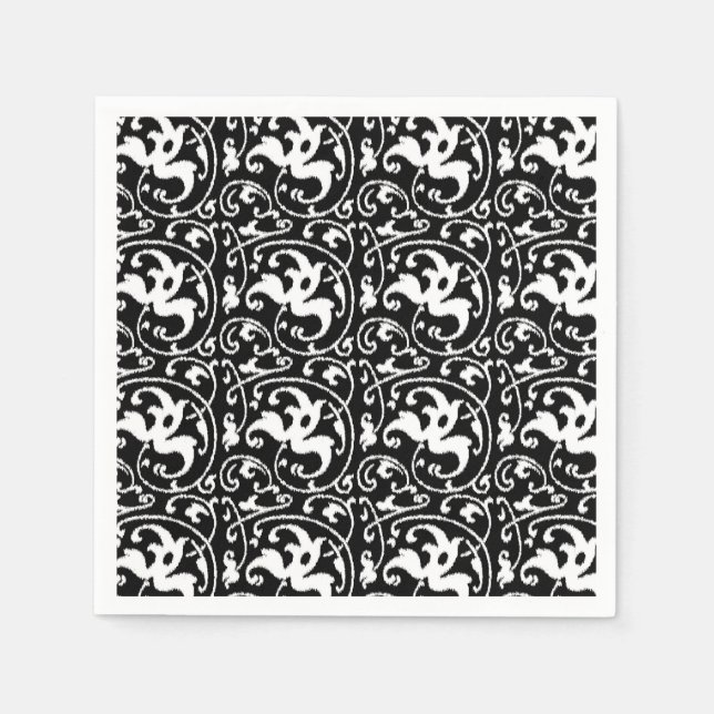 Guardanapo De Papel Ikat Floral Damask - Preto e Branco (Frente)