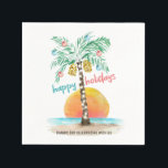 Guardanapo De Papel Ilha Holiday Tropical Beach Palm Christmas<br><div class="desc">Tema da praia tropical Os guardanapos de Natal apresentam uma ilha aquosa ao sol com uma palmeira decorada com luzes de cordas e ornamentos,  e uma saudação de "feriados felizes". A linha inferior do texto pode ser personalizada (mostrada aqui com "obrigado para comemorar conosco"). Arte por KL Stock</div>