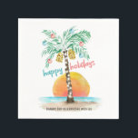 Guardanapo De Papel Ilha Holiday Tropical Beach Palm Christmas<br><div class="desc">Tema da praia tropical Os guardanapos de Natal apresentam uma ilha aquosa ao sol com uma palmeira decorada com luzes de cordas e ornamentos,  e uma saudação de "feriados felizes". A linha inferior do texto pode ser personalizada (mostrada aqui com "obrigado para comemorar conosco"). Arte por KL Stock</div>