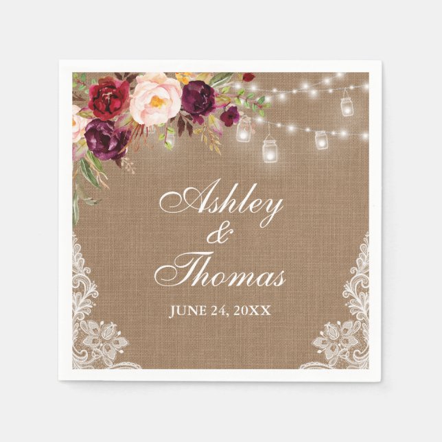 Guardanapo De Papel Iluminação Rústica de Casamento com Jarras de Lona (Frente)