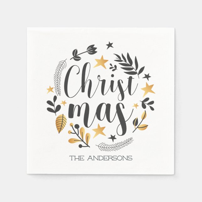 Guardanapo De Papel ilustração botânica negra e ouro Natal (Frente)