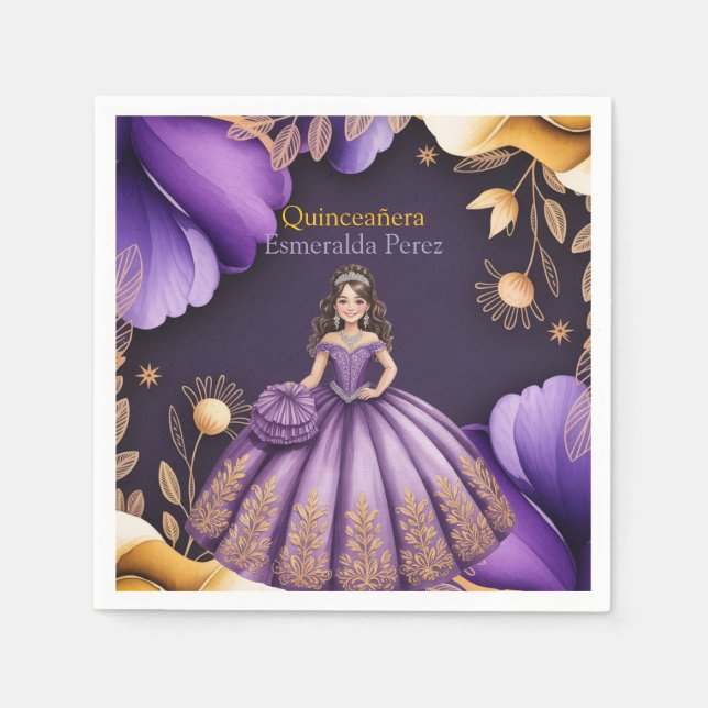 Guardanapo De Papel Ilustração da Menina de Quinceañera Roxa Elegante (Frente)