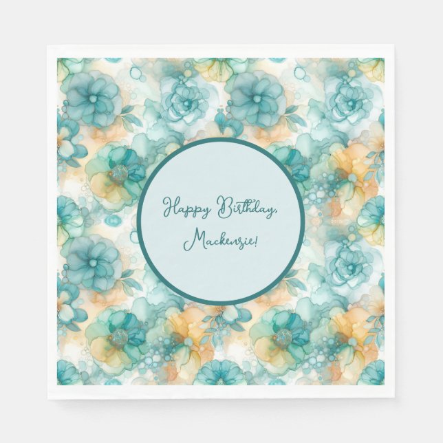 Guardanapo De Papel Ilustração da Tinta Álcool das Flores Teais e Amar (Frente)