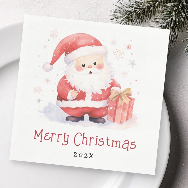 Guardanapo De Papel Ilustração de aquarela de Papais noeis bonitos Fel (Cute Santa watercolor illustration Merry Christmas Napkins)