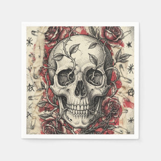 Guardanapo De Papel Ilustração de Caveira e Rosas do Grunge Punk