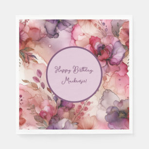 Guardanapo De Papel Ilustração de Tinta de Álcool Floral Rosa e Púrpur