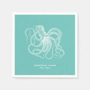 Guardanapo De Papel Ilustração náutica do polvo branco em azul-verde