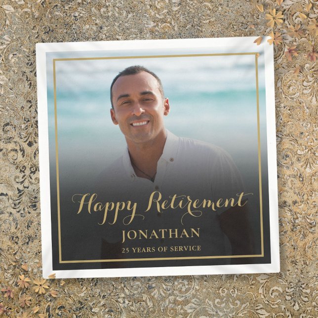 Guardanapo De Papel Imagem do Partido de Retirada de Script Dourado El (Elegant Gold Script Retirement Party Photo Napkins)