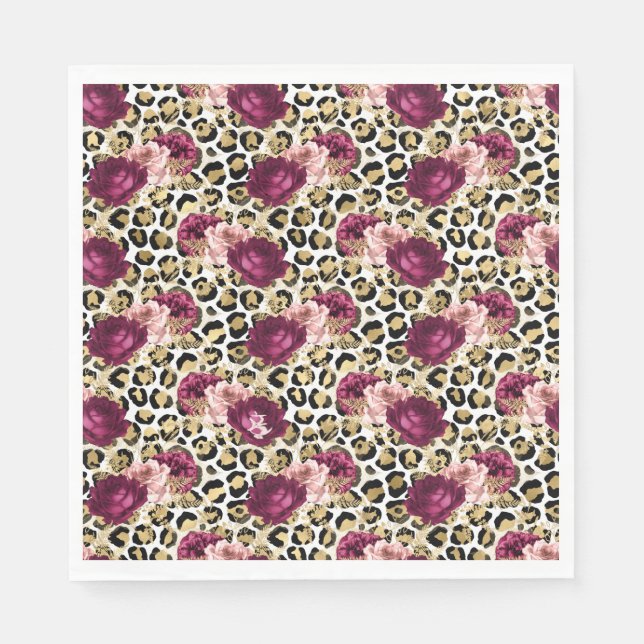 Guardanapo De Papel Impressão de Leopardo Flor Rosa Rosa Dourada para  (Frente)