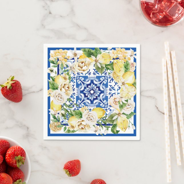 Guardanapo De Papel Impressão de limão e flores mediterrâneas de verão (Insitu)