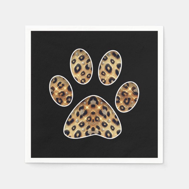 Guardanapo De Papel Impressão de Pata com Brilho de Leopardo Dourado e (Frente)