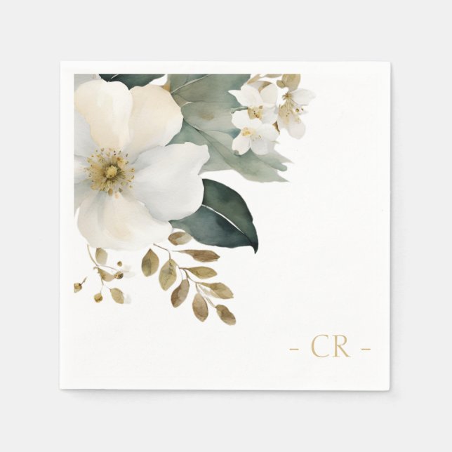 Guardanapo De Papel Iniciais de Folhagem de Aquarela Floral (Frente)