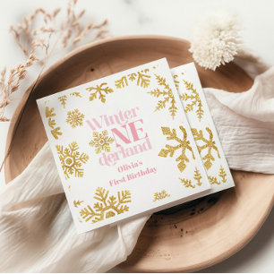 Guardanapo De Papel Inverno Onederland Rosa Dourado Floco de Neve 1º A