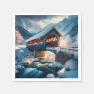 Guardanapo De Papel Inverno, ponte coberta por neve e rio