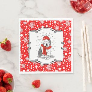 Guardanapo De Papel Inverno (Vermelho) Antiga Cinza Inglesa Sheepdog 1