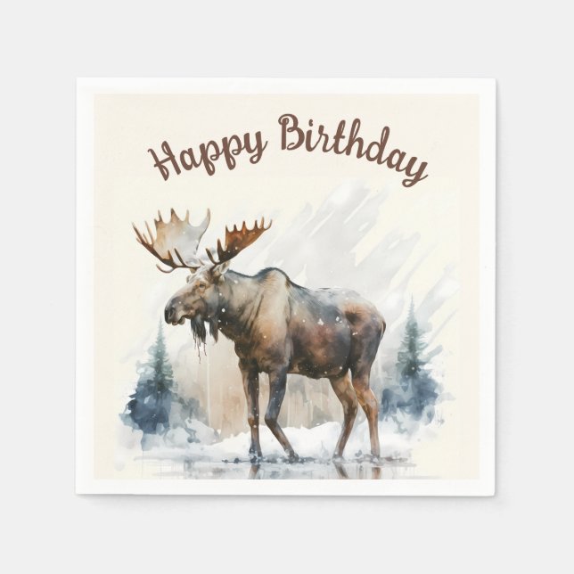 Guardanapo De Papel Inverno Víbos Aquarela Moose - Festa de aniversári (Frente)