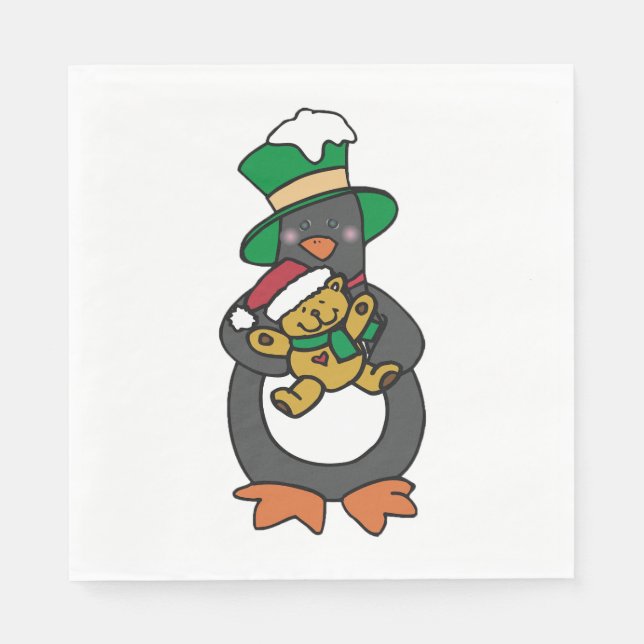 Guardanapo De Papel Irish Penguin Holding Christmas Teddy Bear (Frente)