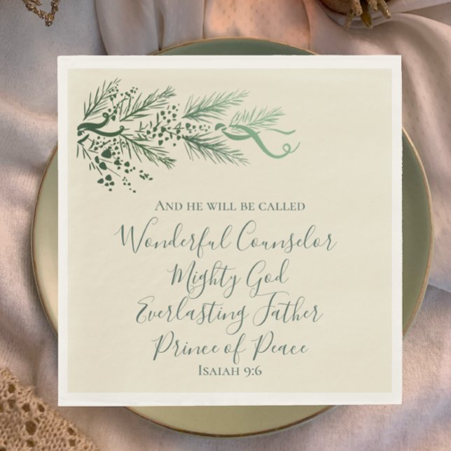 Guardanapo De Papel Isaiah 9:6 Natal de Pinho Verde Único Elegante (Isaiah 9:6 Christian scripture unique sage elegant script with pine greenery Christmas dinner napkin)