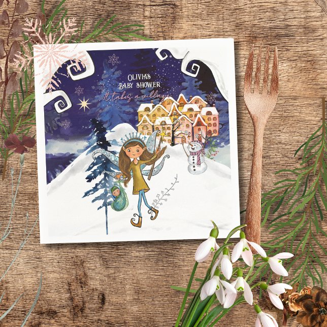 Guardanapo De Papel It Takes a Village Winter Fairy Girl Baby Shower  (Criador carregado)