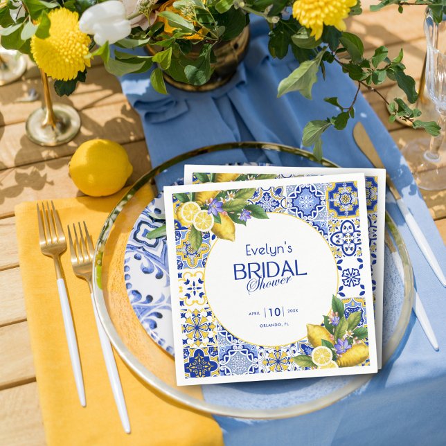 Guardanapo De Papel Italian Mosaic Blue Tile Lemons Bridal Shower (Criador carregado)