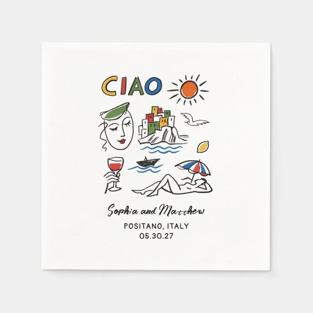 Guardanapo De Papel Italian Wedding Whimsical Hand Drawn Amalfi Coast  (Frente)