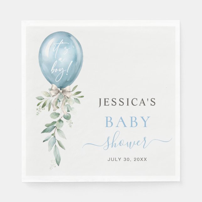 Guardanapo De Papel It's A Boy Blue Balloon Bow Greenery Baby Shower (Frente)