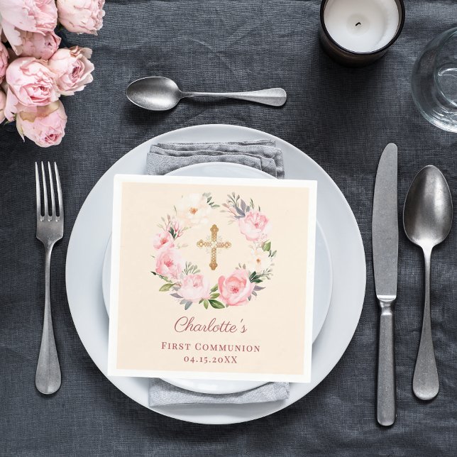 Guardanapo De Papel Ivory pink floral wreath First Communion luncheon (Criador carregado)