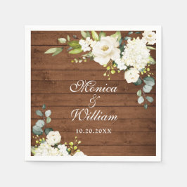 Guardanapo De Papel Ivory White Roses Greenery Rustic Wood Casamento